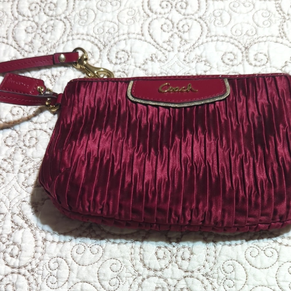 Coach Red Clutch with Gold Accents and Ruched Texture